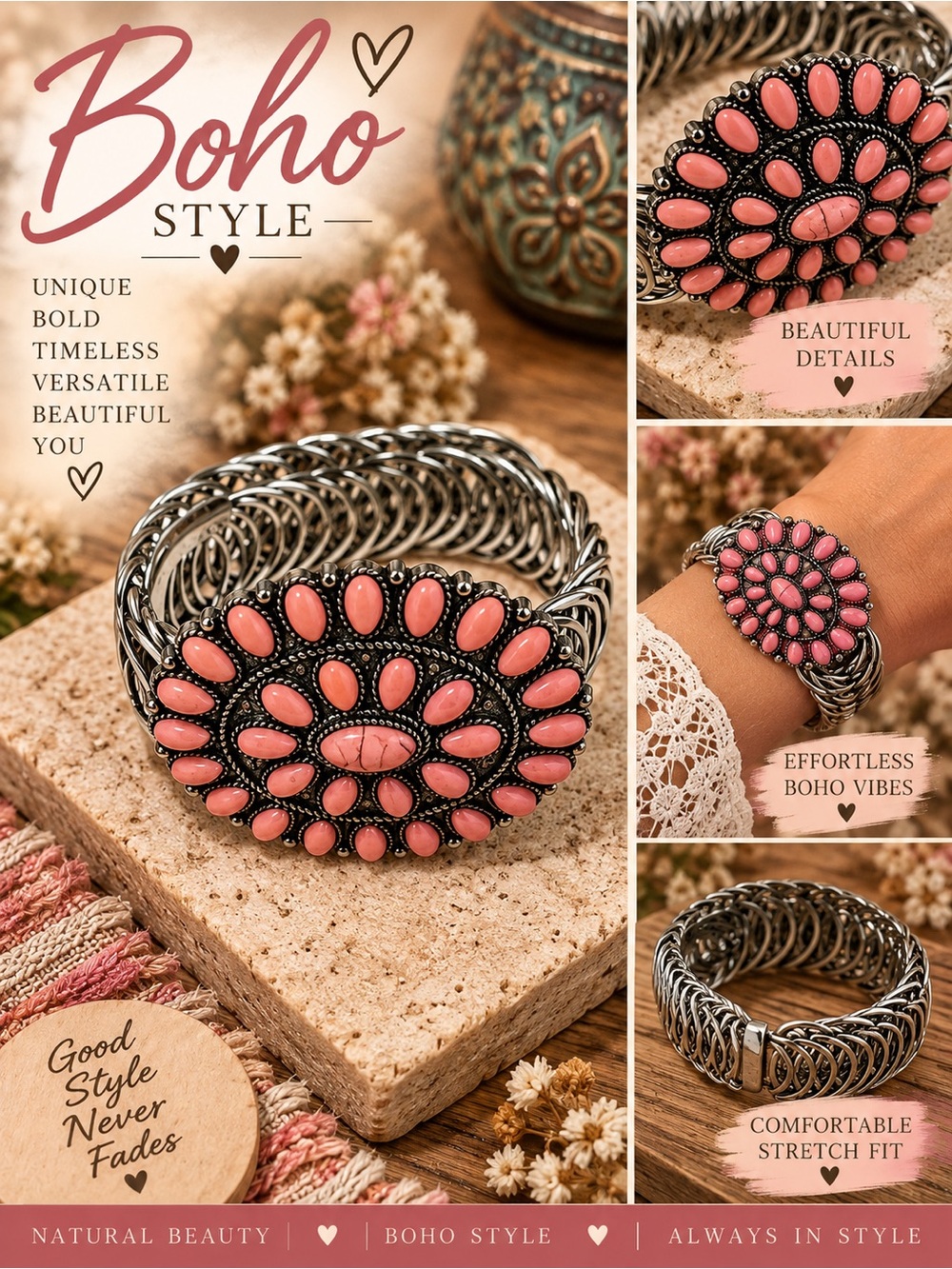 Boho Pink Stone Stretch Bracelet with Intricate Silver-Tone Medallion